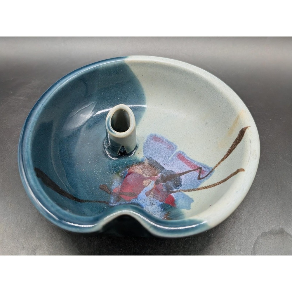 Follette Studio Pottery Signed Abstract Butterfly Oil Lamp Blue Green 3"